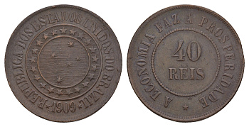 Бразилия 40 реалов (рейсов) 1909 KM 491 бронза 109-212