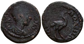 Римская Империя, Провинция Фракия, Адрианополь AE 238 - 244 Гордиан III, бюст императора / страус Jurukova, Hadrianopolis 676 бронза 1100-8-47