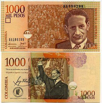 Колумбия 1000 песо 2008 28 августа 2008, Хорхе Эльесер Гайтан Pick 456 k бумага UNC (пресс) 6293-8-3-1