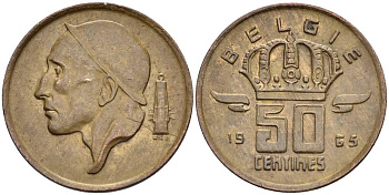 Бельгия 50 сантимов 1965 Belgie, Бодуэн I (1951-1993) KM 149.1 бронза 4528-961