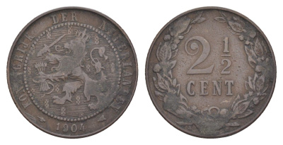 Нидерланды 2 1/2 цента 1904 Вильгельмина (1890-1948) KM 134 бронза 56-1451