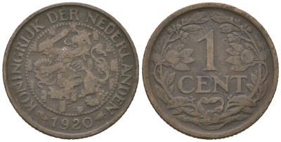 Нидерланды 1 цент 1920 Вильгельмина (1890-1948) KM 152 бронза 4152-357