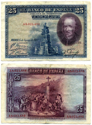 Испания 25 песет 1928 Педро Кальдерон де ля Барка, серия А9 Pick 74b бумага 2119-3-2-2