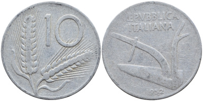 ИТАЛИЯ 10 ЛИР 1952 R, ПЛУГ KM 93 алюминий 4391-1146