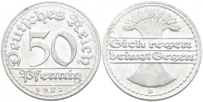 ГЕРМАНИЯ 50 ПФЕННИГОВ 1921 D KM 27, J. 301 алюминий 77-536