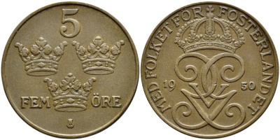 Швеция 5 эре 1950 Густав V (1907-1950) KM 779.2 бронза 4394-942