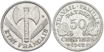 ФРАНЦИЯ 50 САНТИМОВ 1942 ТИП FRANCISQUE, LOURDE, ПРАВИТЕЛЬСТВО ВИШИ KM 914.1, LE FRANC 195.2 алюминий 44-339