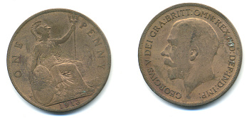 Великобритания 1 пенни 1913 Георг V (1910-1936) KM 810, Spink 4051 бронза 83-541