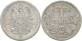 Германия 1 марка 1874 F Weege 17, J. 9, KM 7 серебро 98-1237