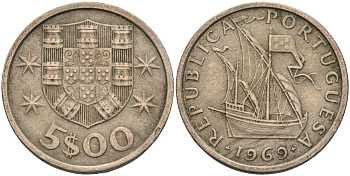 Португалия 5 эскудо 1969 парусник KM 591 медно-никель 4126-621