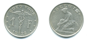 БЕЛЬГИЯ 1 ФРАНК 1922 BELGIE KM 90 никель 25-331