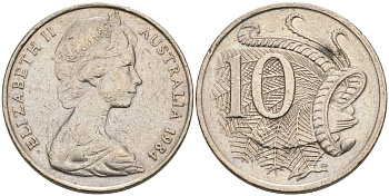 Австралия 10 центов 1984 Елизавета II (1952-), птица лирахвост KM 65 медно-никель 4566-533