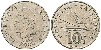Французская Новая Каледония 10 франков 2008 рыбачья парусная лодка, (IEOM) KM 11a, Schoen 13a, Lec 99k медно-никель 60-913