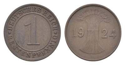 Германия 1 рентенпфенниг 1924 A KM 30, J. 306 бронза 4644-1025
