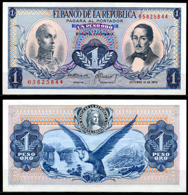 Колумбия 1 песо 1970 Симон Боливар, генерал Франсиско де Паула Сантандер, 12 октября 1970 Pick 404e  бумага  UNC (пресс) 447-70-6-3