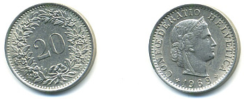 Швейцария 20 раппенов 1969 KM 29a медно-никель 4379-358