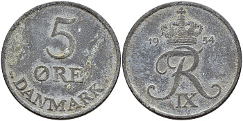 ДАНИЯ 5 ЭРЕ 1954 N; S, ФРЕДЕРИК IX (1947-1972) KM 843.1 цинк 51-4522