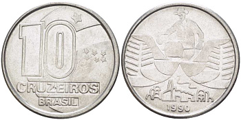 Бразилия 10 крузейро 1990 золотодобыча KM 619.1 нержавеющая сталь 3856-911