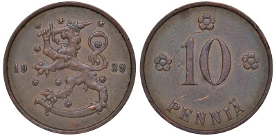 Финляндия 10 пенни 1939 KM 24 медь 51-3157