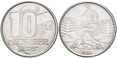Бразилия 10 крузейро 1990 золотодобыча KM 619.1 нержавеющая сталь 3856-911
