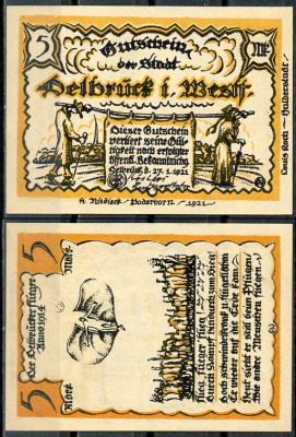 Германия, Дельбрюк 5 марок 1921 нотгельд, 27.1.1921 Grabowski 261.1 бумага UNC (пресс) 00-00