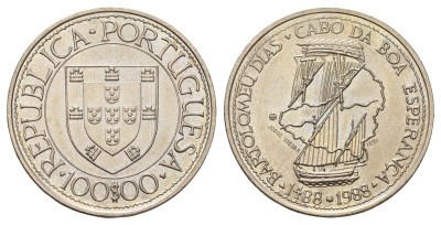 Португалия 100 эскудо 1988 Золотой век открытий - Бартоломеу Диаш KM 642 медно-никель UNC 74-724