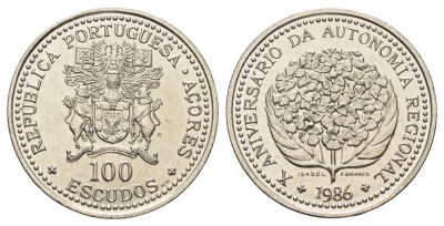 Португалия, Азорские острова 100 эскудо 1986 10 лет автономии Азорских островов KM 45 медно-никель UNC 4572-944