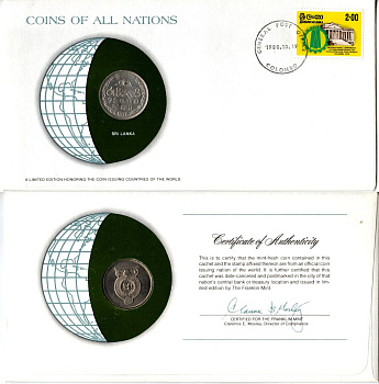 Шри-Ланка 1 рупия 1978 конверт с маркой первого дня гашения, Coins of Nations KM 136.1 медно-никель UNC 9-1-01-76