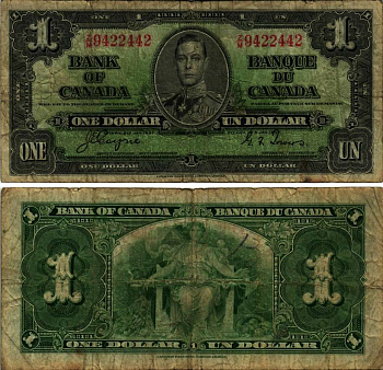 КАНАДА 1 ДОЛЛАР 1937 ГЕОРГ VI, SERIA Z/M, ПОДПИСЬ GORDON-TOWERS, CBNC Pick 58e бумага 7221-52-2