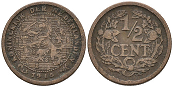 Нидерланды 1/2 цента 1915 Вильгельмина (1890-1948) KM 138 бронза 4576-357