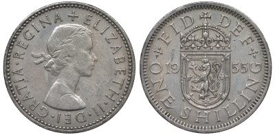 Великобритания 1 шиллинг 1955 Елизавета II (1952-2022), Шотландский герб KM 905, Spink 4148 медно-никель 4122-1015