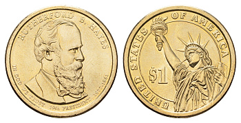 США 1 доллар 2011 D, Президент США - Ратерфорд Хейз (1877-1881) KM 501 медь с марганцево-латунным покрытием UNC 4624-713