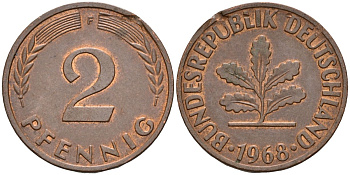 ФРГ 2 пфеннига 1968 F KM 106a, J.381 сталь плакированная медью 3955-1153
