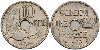 ГРЕЦИЯ 10 ЛЕПТА 1912 СОВА KM 63 никель 4589-722