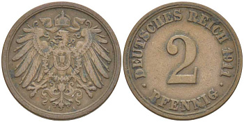 ГЕРМАНИЯ 2 ПФЕННИГА 1911 A KM 16, J. 11, Weege 4 медь 212-346