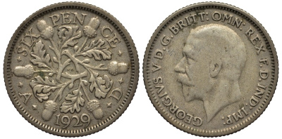 Великобритания 6 пенсов 1929 Георг V (1910-1936) KM 832, Spink 4040 серебро 4538-337