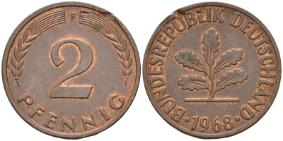 ФРГ 2 пфеннига 1968 F KM 106a, J.381 сталь плакированная медью 3955-1153