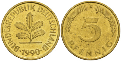 ФРГ 5 пфеннигов 1990 A J.382, KM 107 сталь плакированная латунью    4598-1064