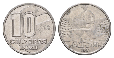 Бразилия 10 крузейро 1991 KM 619 нержавеющая сталь 4655-1126