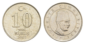 Турция 10 курушей 2005 Кемаль Ататюрк KM 1166 медь цинк нкиель 211-1155