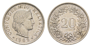 Швейцария 20 раппенов 1969 B KM 29a медно-никель 4625-1165