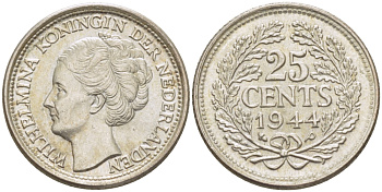 Нидерланды 25 центов 1944 Вильгельмина (1890-1948) KM 164 серебро aUNC 66-1156