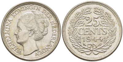 Нидерланды 25 центов 1944 Вильгельмина (1890-1948) KM 164 серебро aUNC 66-1156