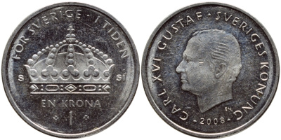 Швеция 1 крона 2008 Карл XVI Густав (1973- ) KM 894 медно-никель 87-855