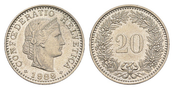 Швейцария 20 раппенов 1988 B KM 29a медно-никель 4649-1223