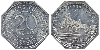 Германия, Нюрнберг - Фюрт 20 пфеннигов ND трамвайный жетон, германский музей алюминий UNC 4119-622