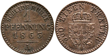 ПРУССИЯ 1 ПФЕННИГ 1863 А, ВИЛЬГЕЛЬМ I (1861-1888) KM 480 медь 116-819
