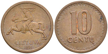 ЛИТВА 10 ЦЕНТОВ 1991 KM 88 бронза 116-136