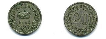 ИТАЛИЯ 20 ЧЕНТЕЗИМО 1894 KM 28.1 медно-никель 57-122