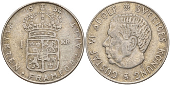 Швеция 1 крона 1954 TS, Густав VI Адольф (1950-1973) KM 826 серебро 4148-1137